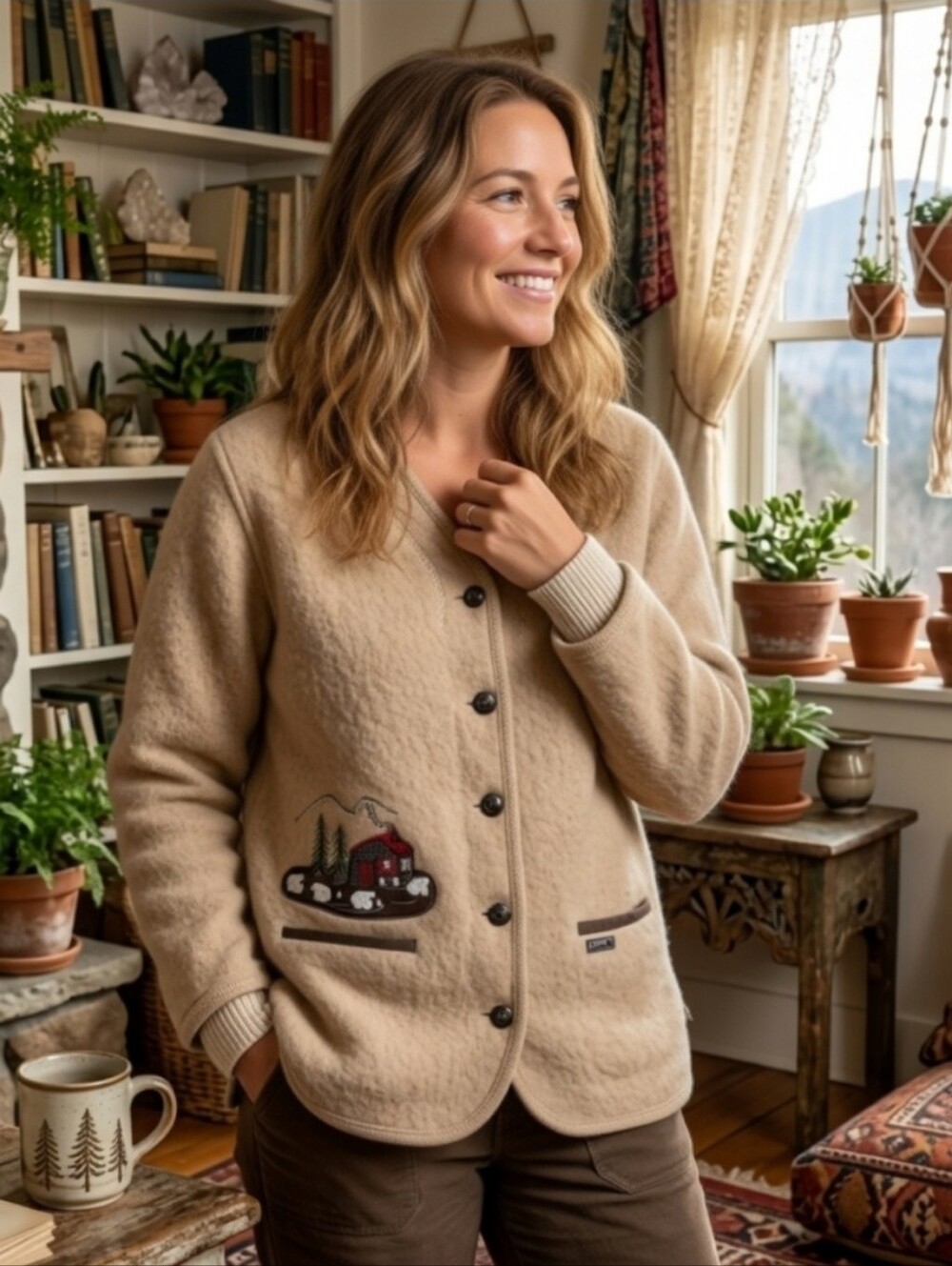 Vintage 90's 100% Wool Beige Cabin Embroidered Cardigan Sweater Size XL